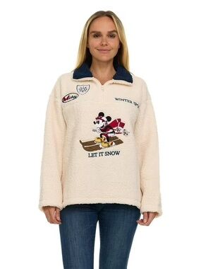 Disney Mickey 'Let It Snow' Sherpa Pullover - Quarter zip Cream & Navy XS Cozy